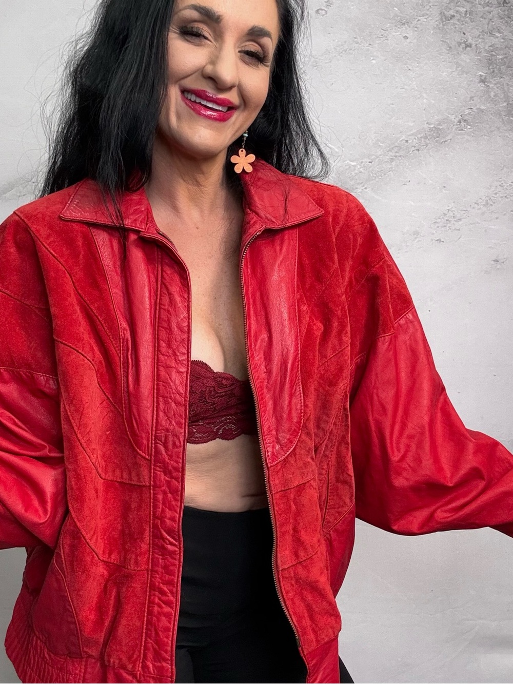 Mint Bright Red Leather Zip-Front Jacket
